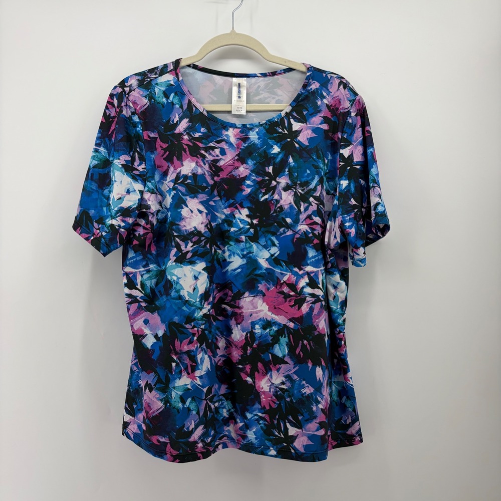 Swimsuits For All Womens 14/16 Blue Multi Swim Shirt Short Sleeve Rash Guard